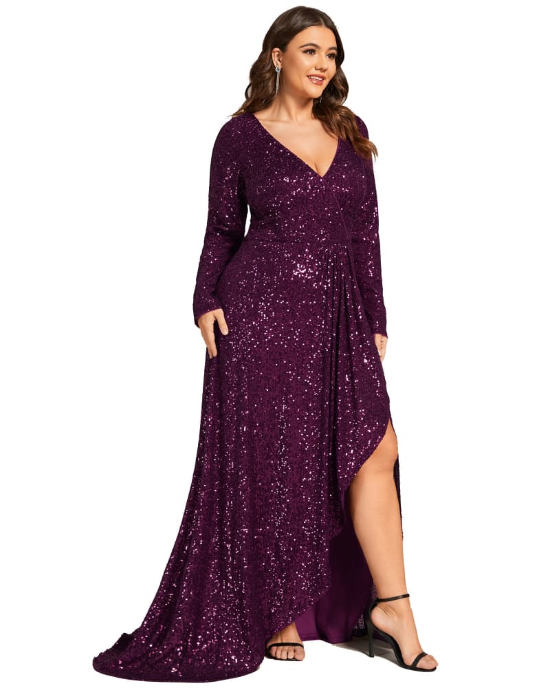 Side of a model wearing a size 26 Sequin Long Sleeve V-neck Asymmetrical Hem Evening Dress in Dark Purple by Ever-Pretty. | dia_product_style_image_id:324761